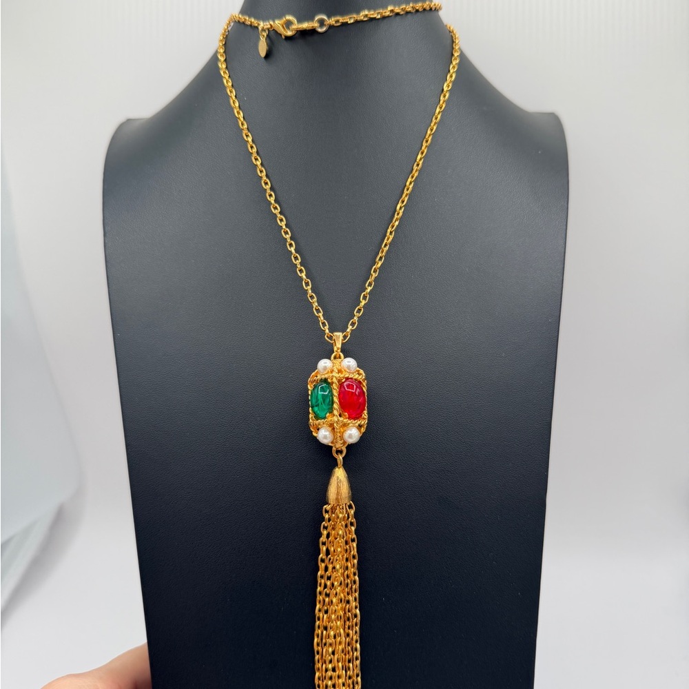 KENNETH JAY LANE Gold Necklace with Red and Green Pendant with Tassle
